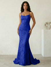 Light Blue Floral Embroidered Spaghetti Strap Prom Dresses