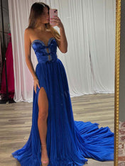 Royal Blue A-Line Strapless Bows Long Prom Dress with Slit