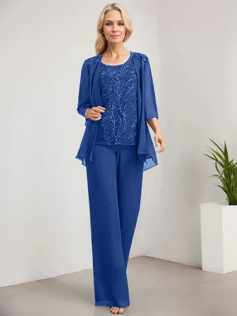 Pantsuit Scoop Floor-Length Lace Chiffon Mother of the Bride Dress With Sequins