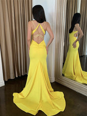 Yellow Mermaid Spaghetti Straps Satin Long Prom Dress