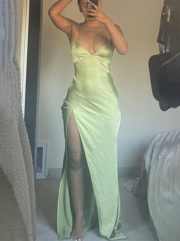 Dreamylily Women Green Sexy Spaghetti Straps Soft Satin Long Party Dress
