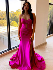 Navy Mermaid Strapless Corset Bodice Prom Dress with Slit
