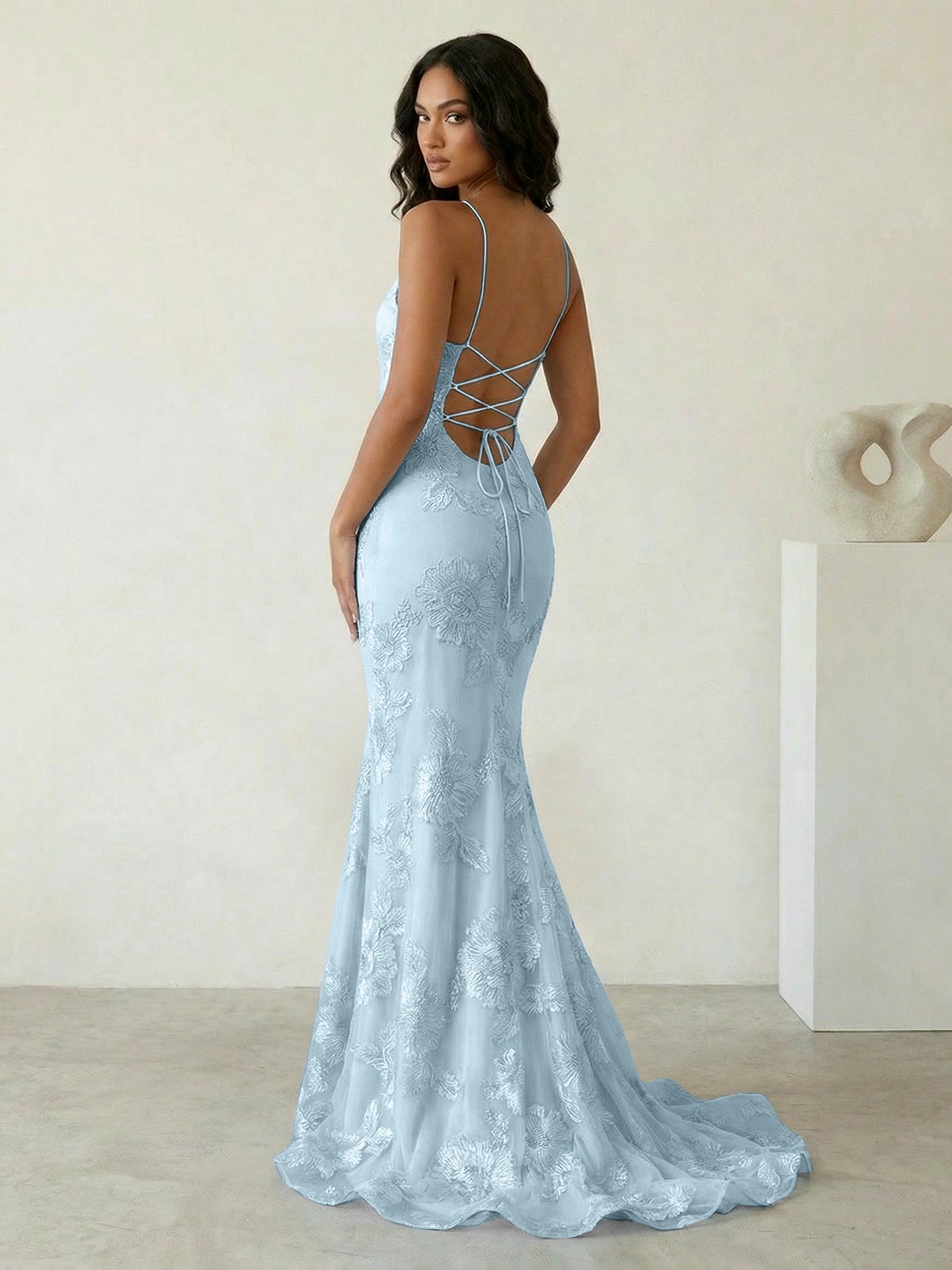 Light Blue Floral Embroidered Spaghetti Strap Prom Dresses
