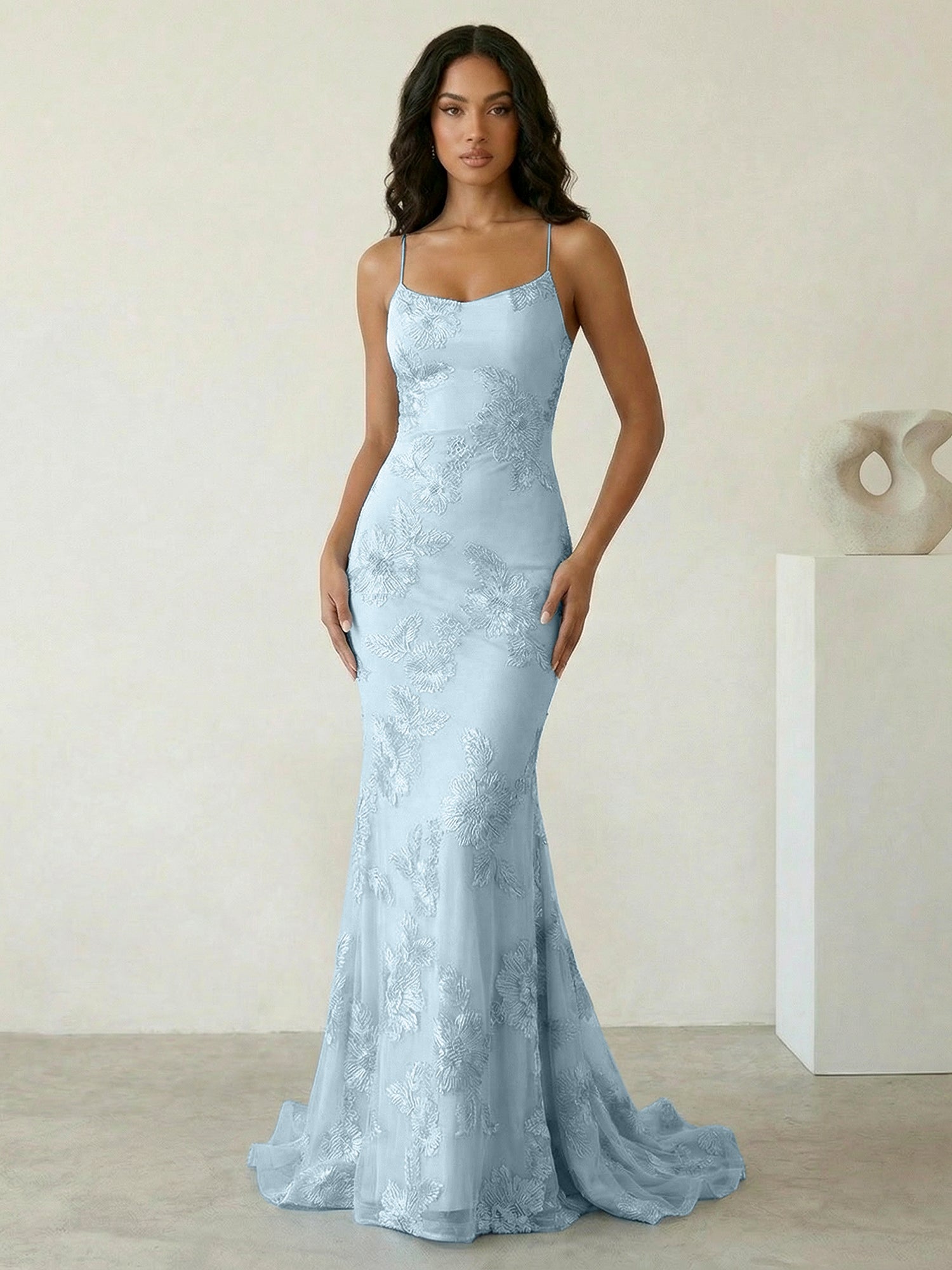 Light Blue Floral Embroidered Spaghetti Strap Prom Dresses