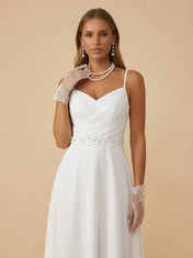 White Spaghetti Strap Chiffon V-Neck A-Line Midi Wedding Dress with Pleat