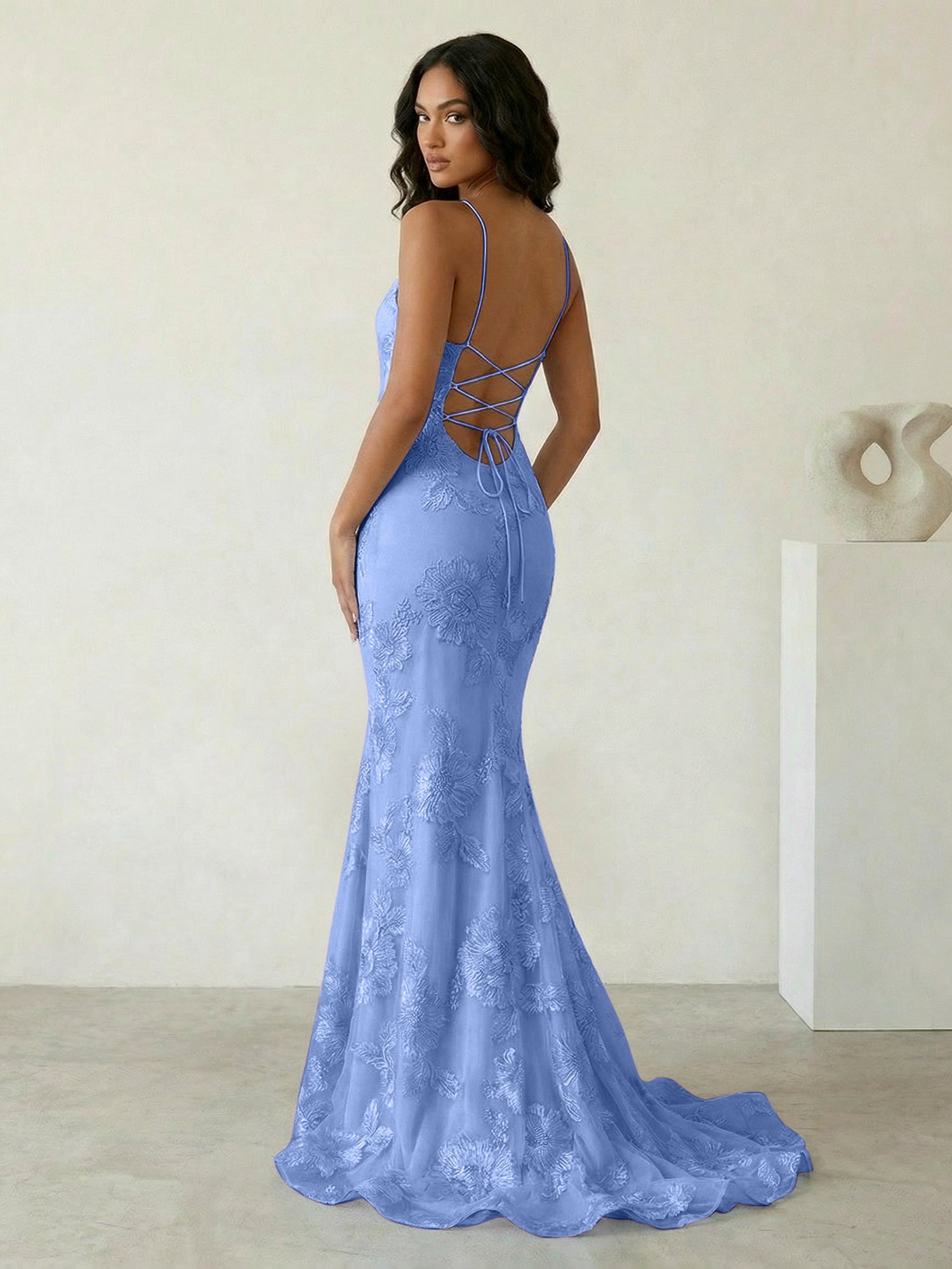 Light Blue Floral Embroidered Spaghetti Strap Prom Dresses