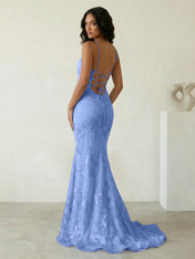 Light Blue Floral Embroidered Spaghetti Strap Prom Dresses