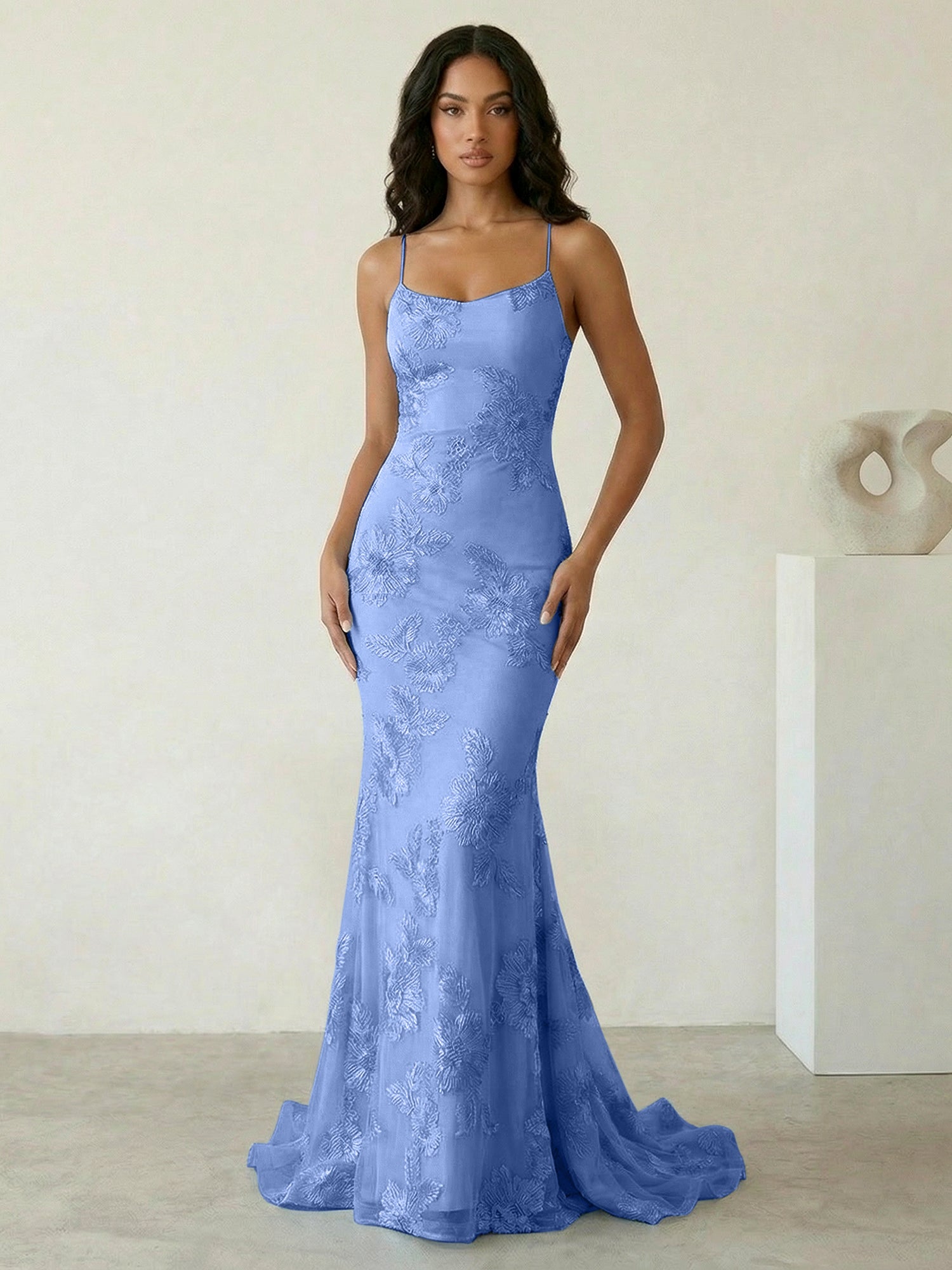 Light Blue Floral Embroidered Spaghetti Strap Prom Dresses