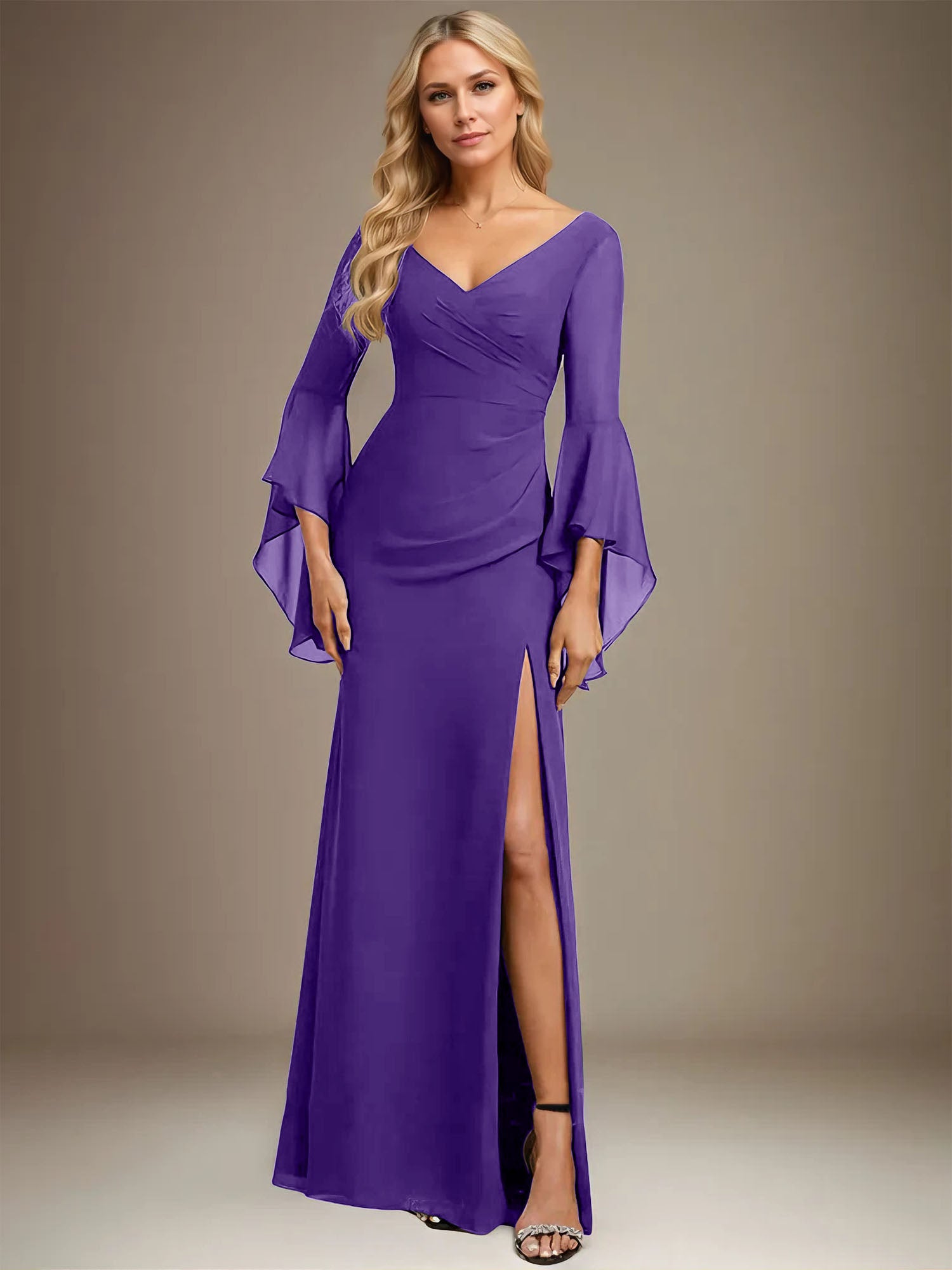 Column V-Neck Floor-Length Chiffon Dress With Pleated