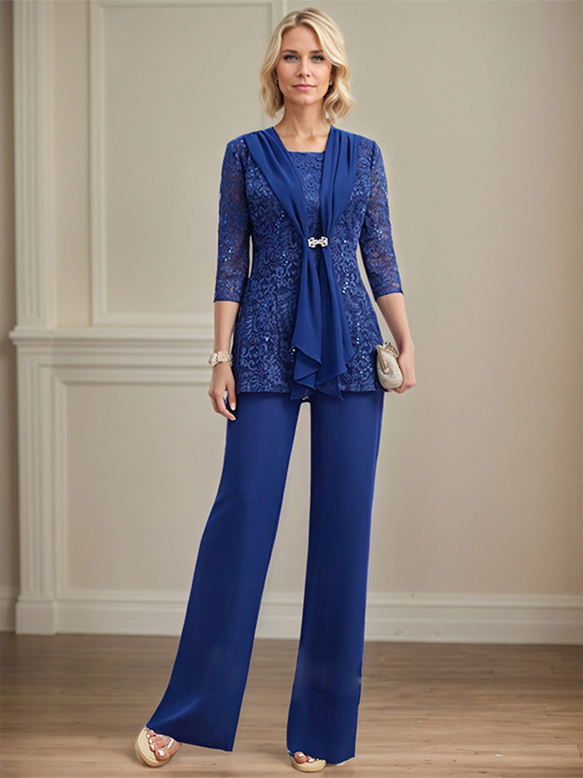 Pantsuits Separates Scoop Floor-Length Lace Chiffon Mother of the Bride Dress