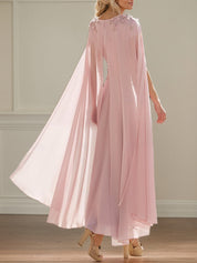 Pink Chiffon A Line V Neck Short Sleeves Ankle Length Mother of the Bride Dresses