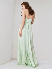 Mint Green Satin Sweetheart Neckline Sleeveless Floor Length Dress With High Slit