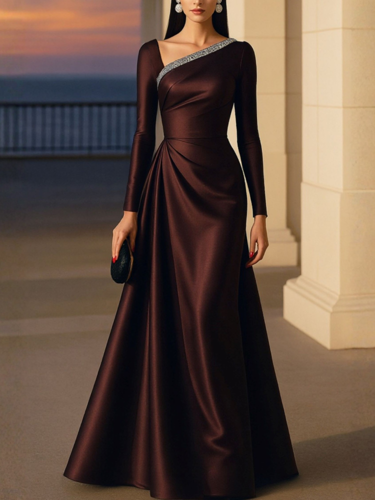 Evening Formal Burgundy Dress Asymmetrical Neck Long Sleeve Maxi Gown