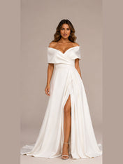 Elegant Off-the-Shoulder Ruched Satin A-Line Wedding Dress with High Slit and Chapel Train