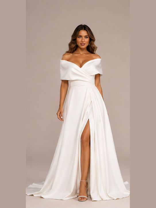 Elegant Off-the-Shoulder Ruched Satin A-Line Wedding Dress with High Slit and Chapel Train