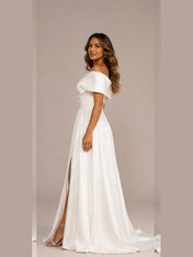 Elegant Off-the-Shoulder Ruched Satin A-Line Wedding Dress with High Slit and Chapel Train