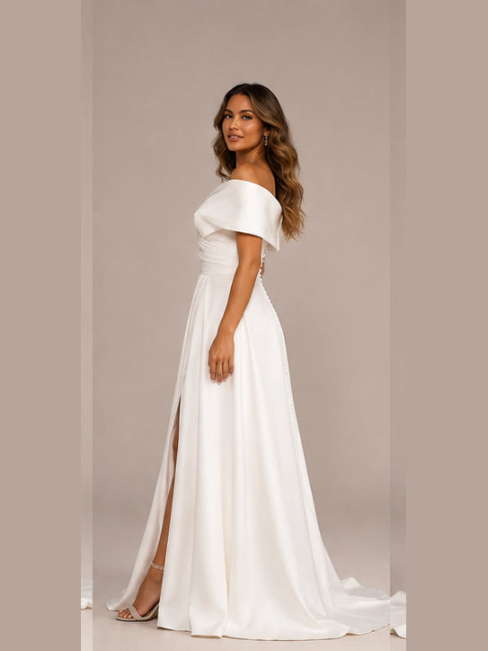 Elegant Off-the-Shoulder Ruched Satin A-Line Wedding Dress with High Slit and Chapel Train