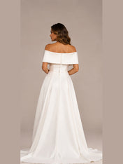 Elegant Off-the-Shoulder Ruched Satin A-Line Wedding Dress with High Slit and Chapel Train