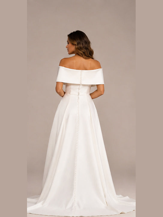 Elegant Off-the-Shoulder Ruched Satin A-Line Wedding Dress with High Slit and Chapel Train
