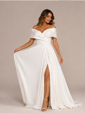Elegant Off-the-Shoulder Ruched Satin A-Line Wedding Dress with High Slit and Chapel Train