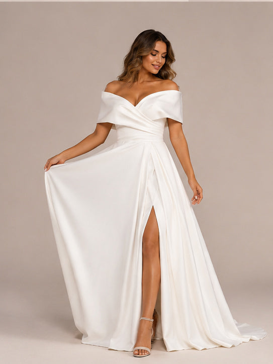 Elegant Off-the-Shoulder Ruched Satin A-Line Wedding Dress with High Slit and Chapel Train