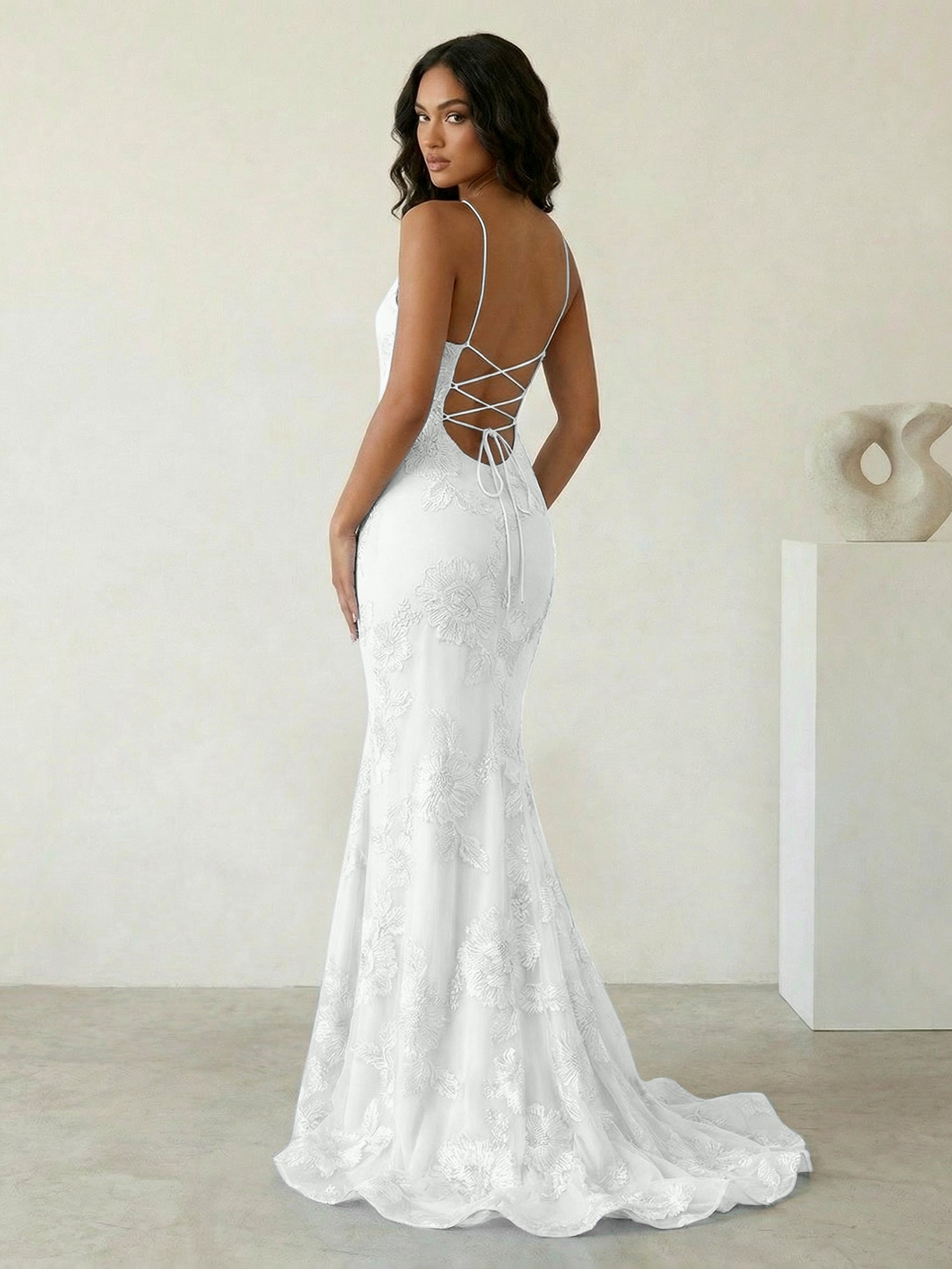 Light Blue Floral Embroidered Spaghetti Strap Prom Dresses