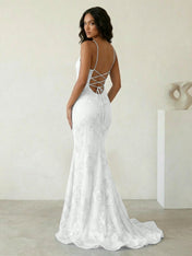 Light Blue Floral Embroidered Spaghetti Strap Prom Dresses