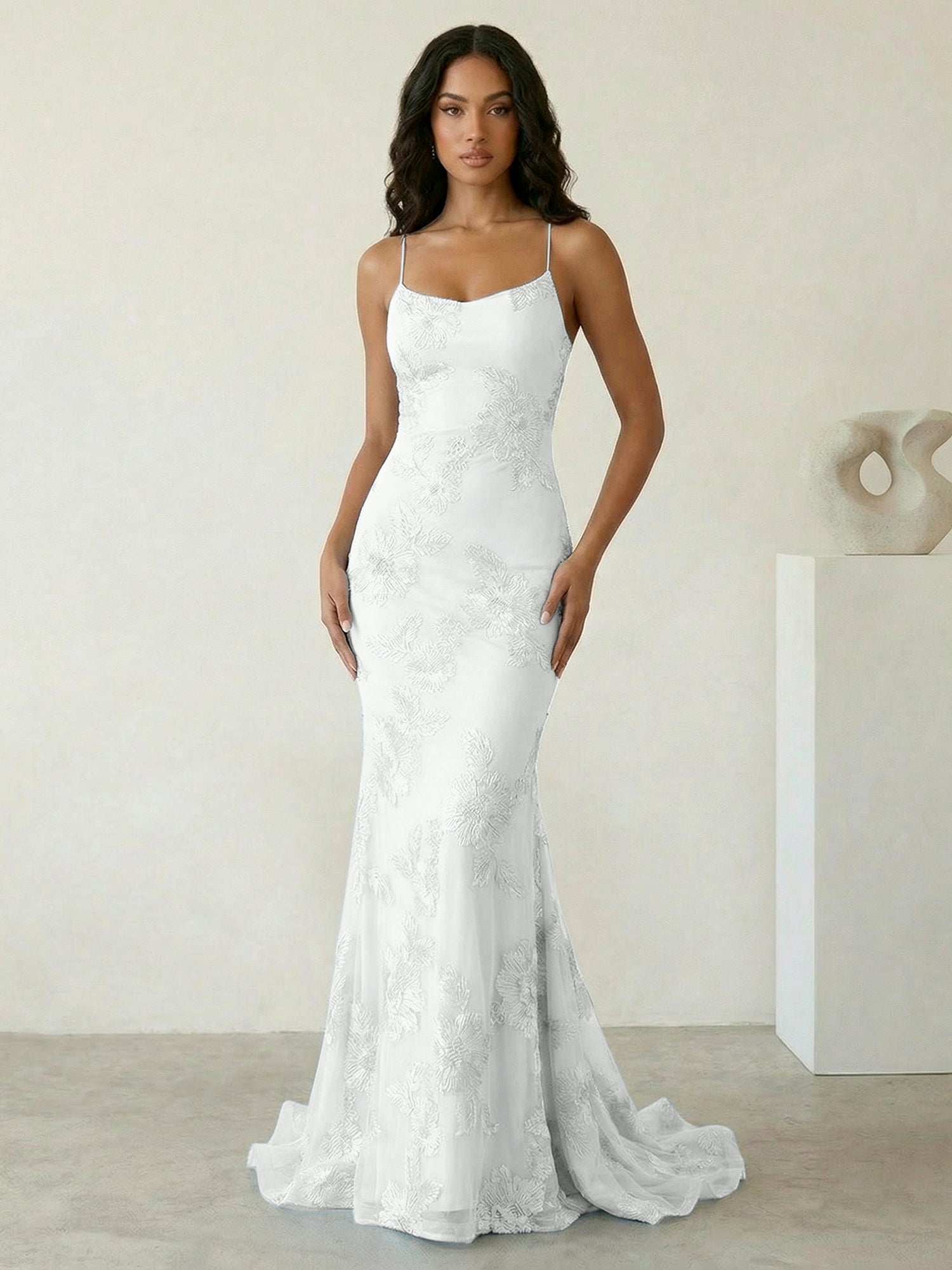 Light Blue Floral Embroidered Spaghetti Strap Prom Dresses