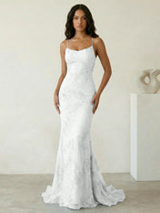 Light Blue Floral Embroidered Spaghetti Strap Prom Dresses