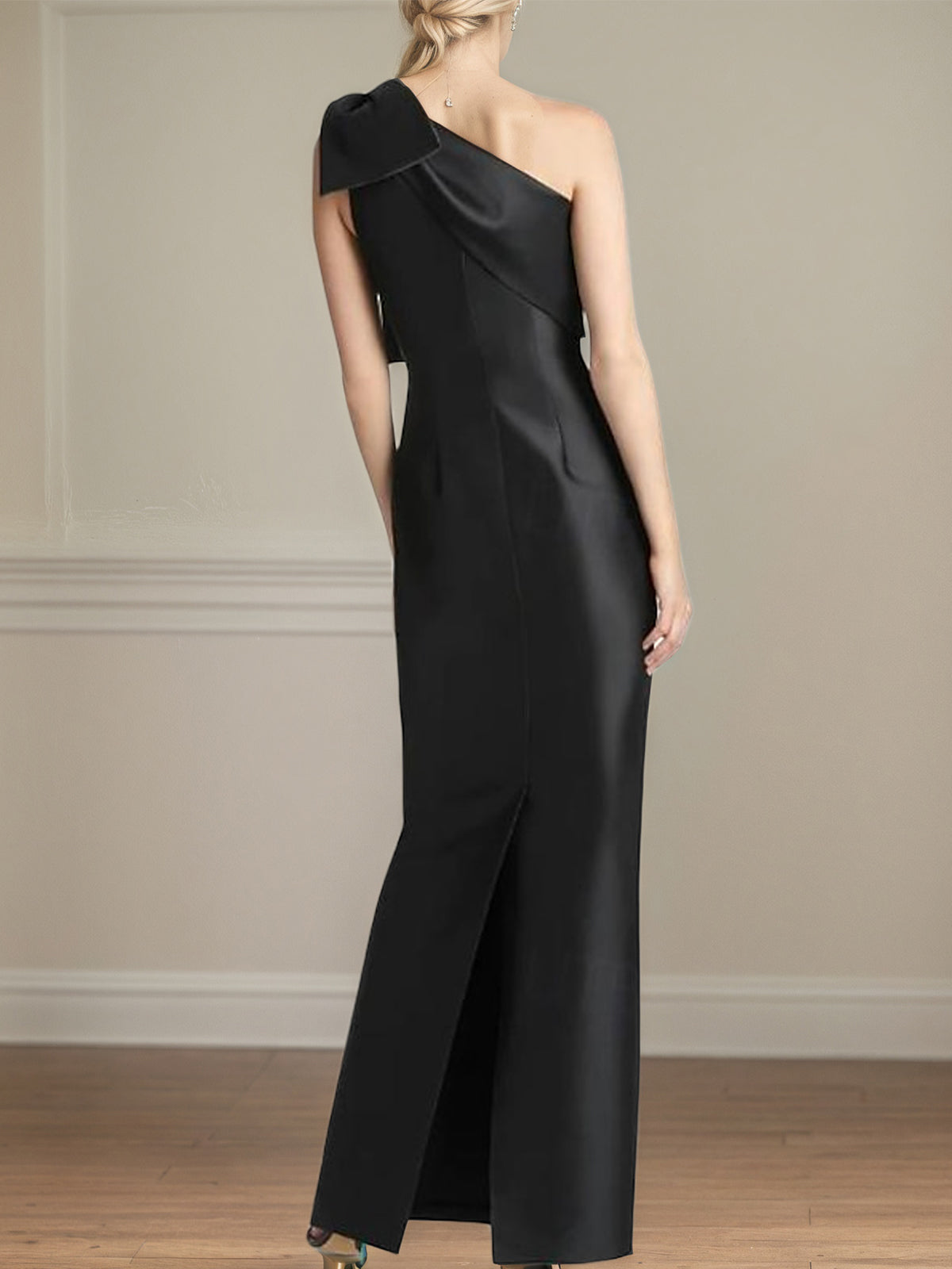 Black Satin Sheath/Column One Shoulder Floor Length Mother of the Bride Dresses