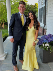 Yellow Mermaid Unique Open Back Long Prom Dress