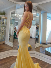 Yellow Mermaid Spaghetti Straps Open Back Beaded Long Prom Dress