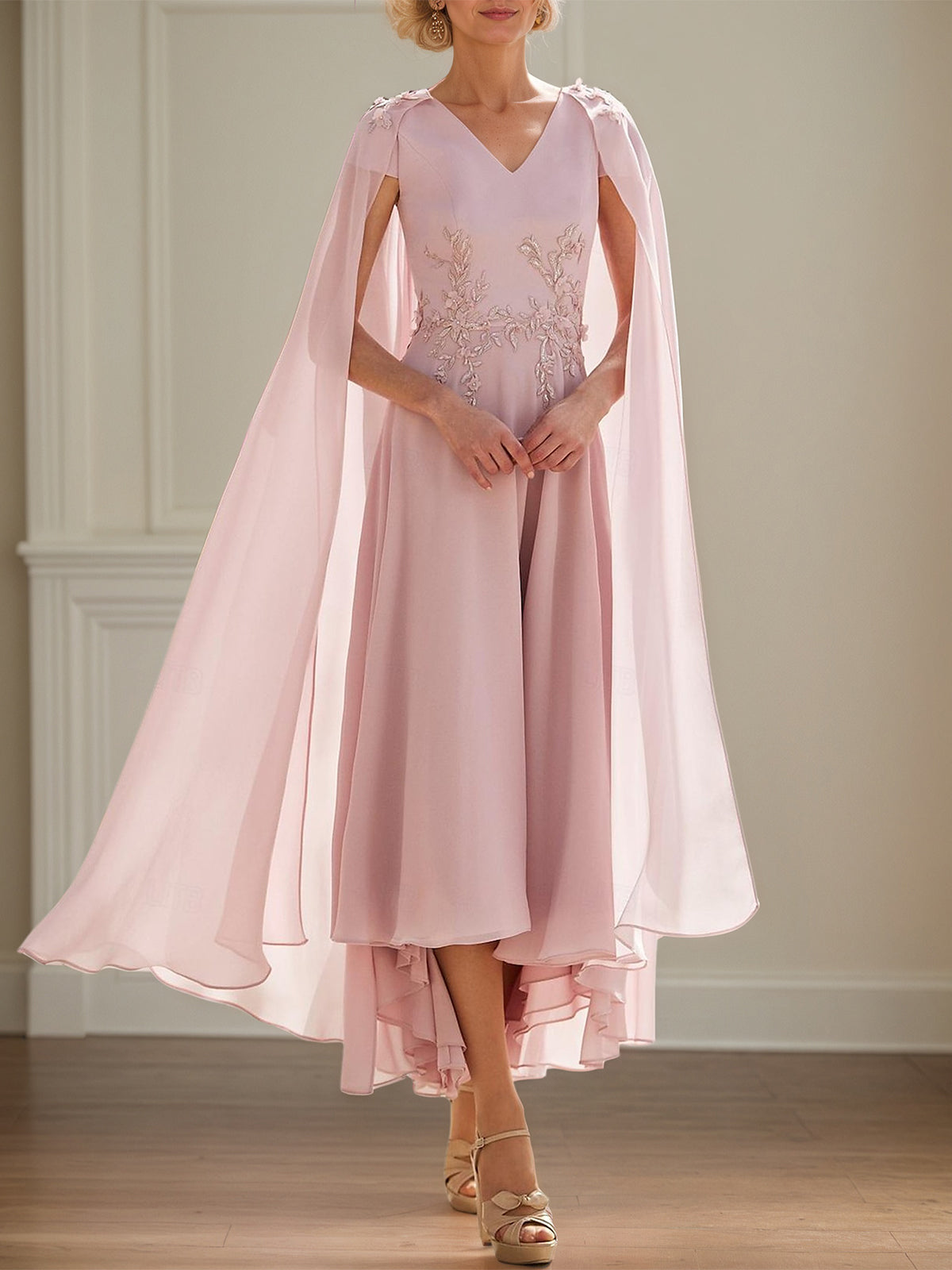 Pink Chiffon A Line V Neck Short Sleeves Ankle Length Mother of the Bride Dresses