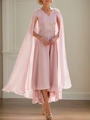 Pink Chiffon A Line V Neck Short Sleeves Ankle Length Mother of the Bride Dresses