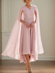 Pink Chiffon A Line V Neck Short Sleeves Ankle Length Mother of the Bride Dresses